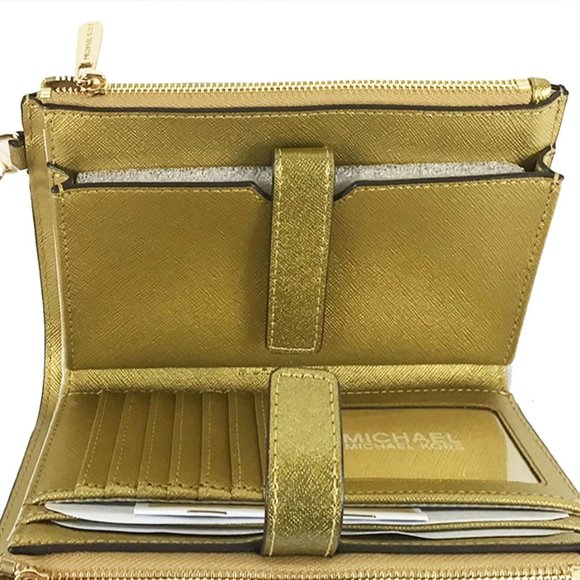 Michael Kors Gold Leather Jet Set Travel Large Double Zip Wristlet Wallet - Picture 6 of 6